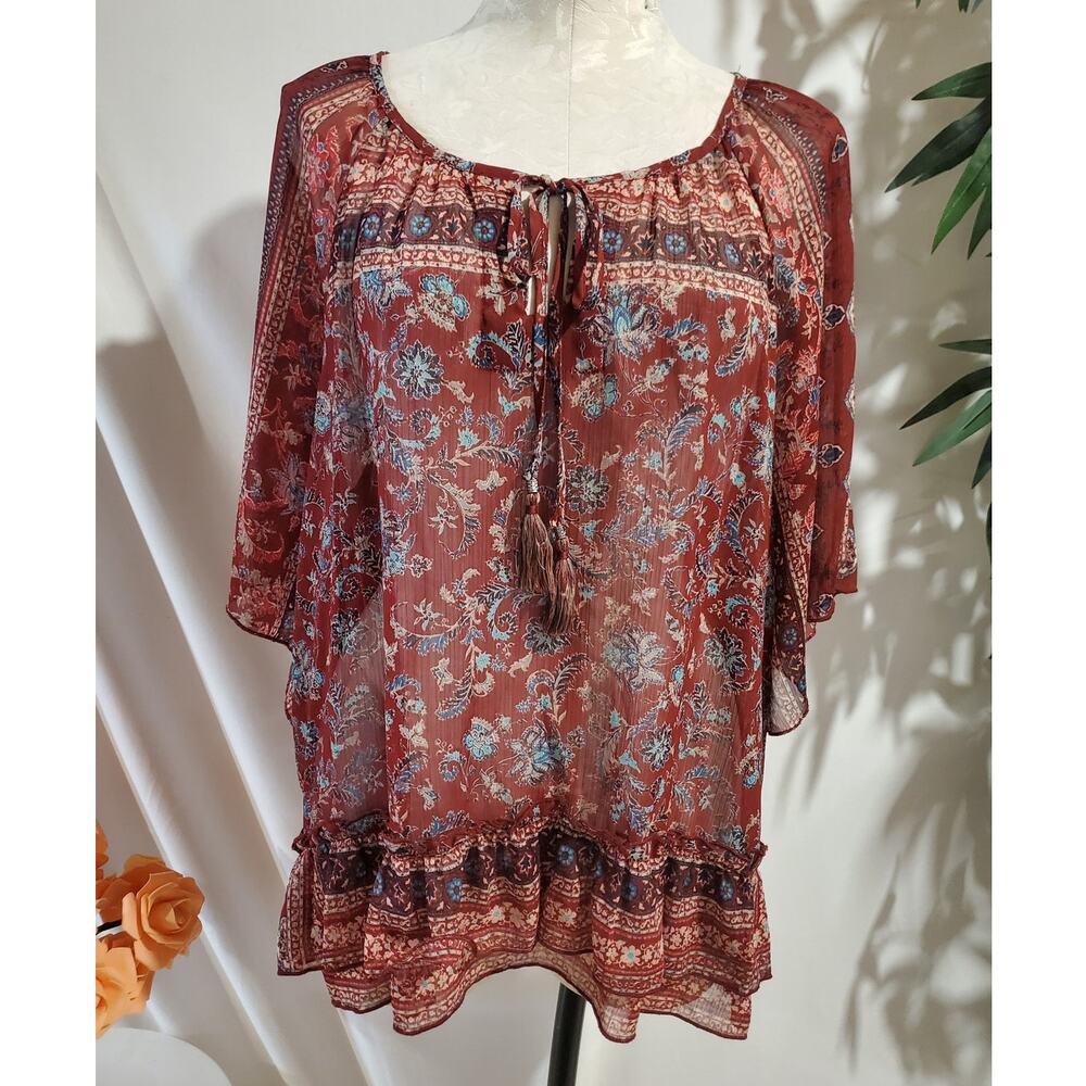 Knox Rose Sheer Floral Boho Print Tassel Tie Neck Peasant Top Size XXL Hippie